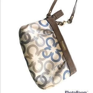 Coach Signature Wristlet Mini Bag, Tan, Blue & Taupe. Nylon and leather